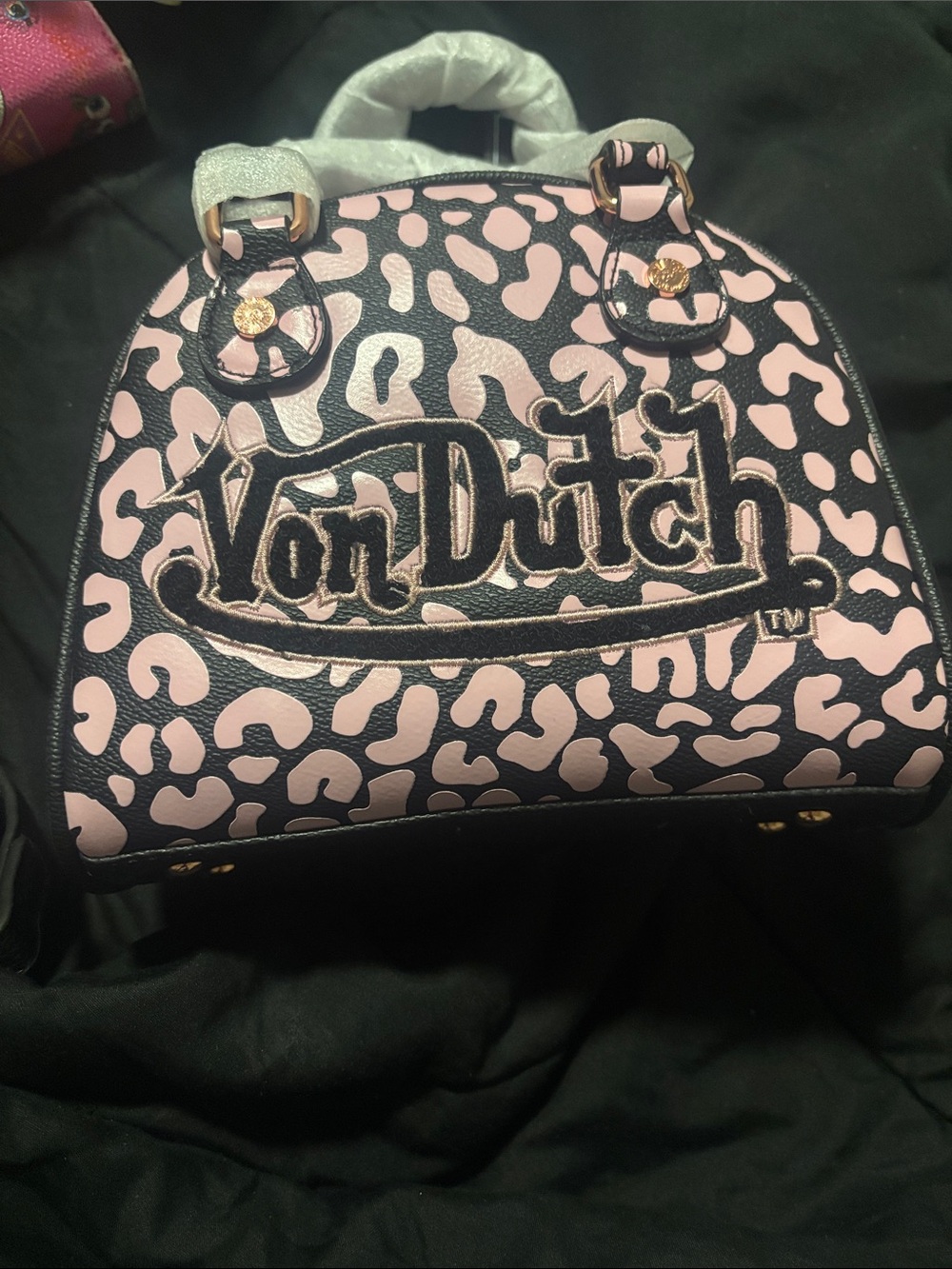 Von Dutch Pink & Black Leopard Mini Dome Handbag